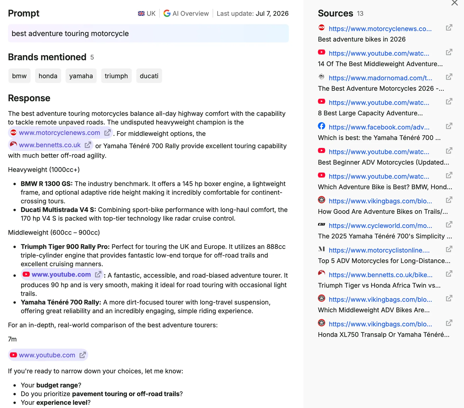 AI Overview example for the prompt best adventure touring motorcycle, showing brands and cited sources