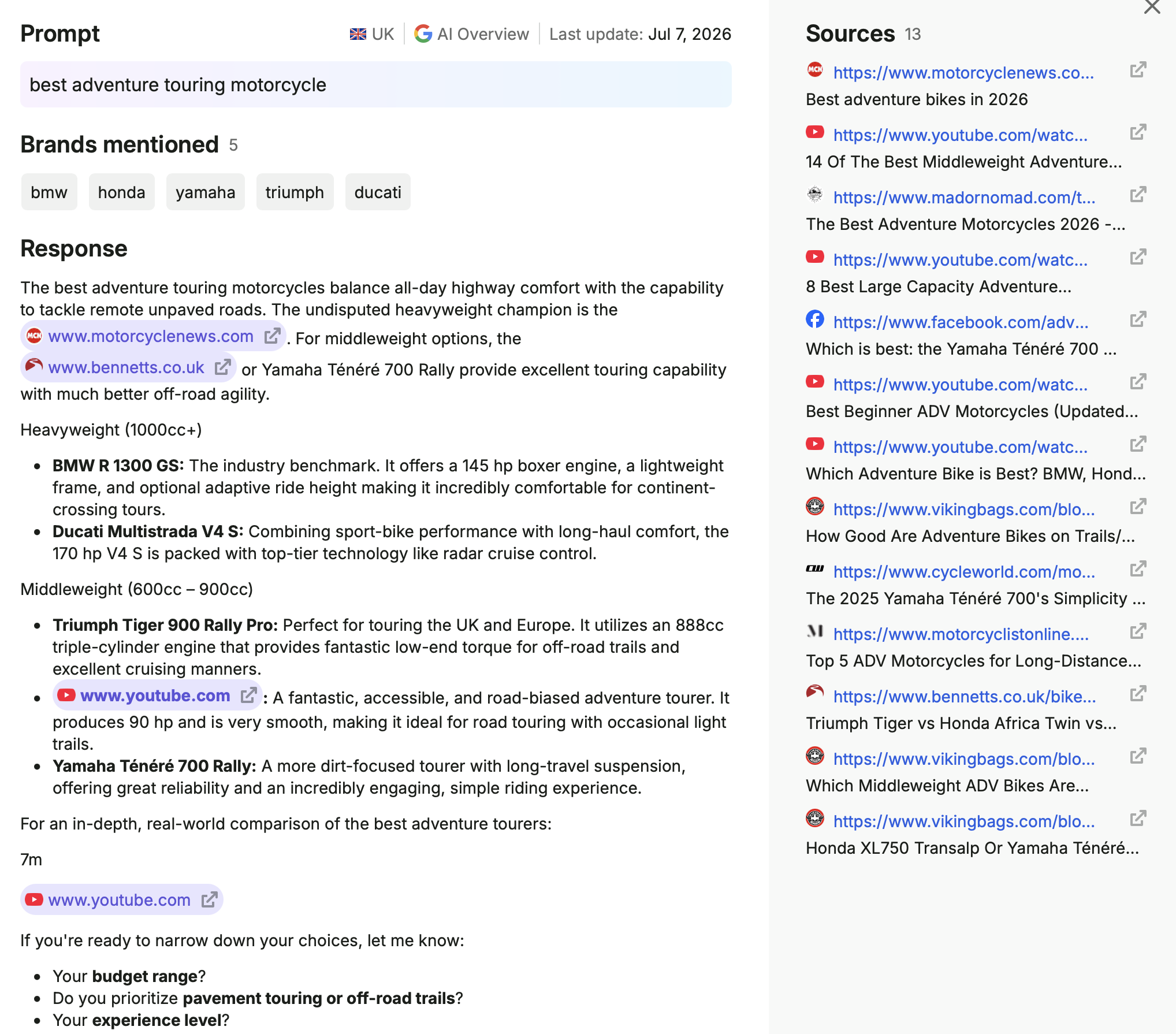 AI Overview example for the prompt best adventure touring motorcycle, showing brands and cited sources