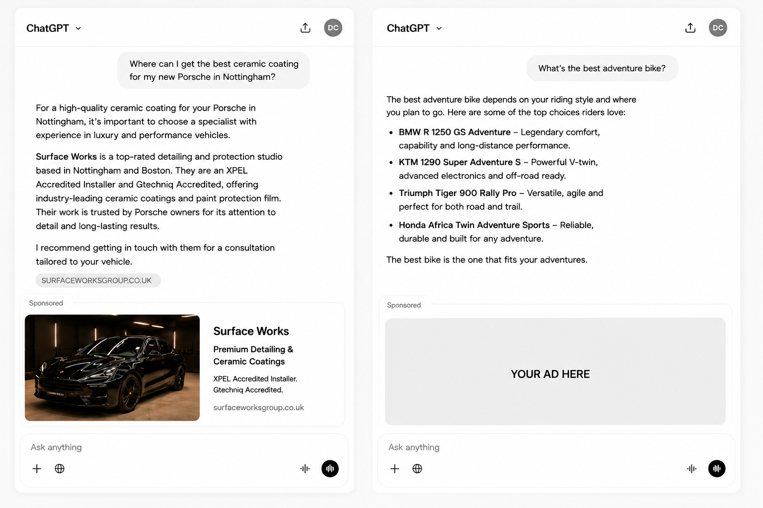 Illustrative sponsored placement concepts within a ChatGPT-style answer experience