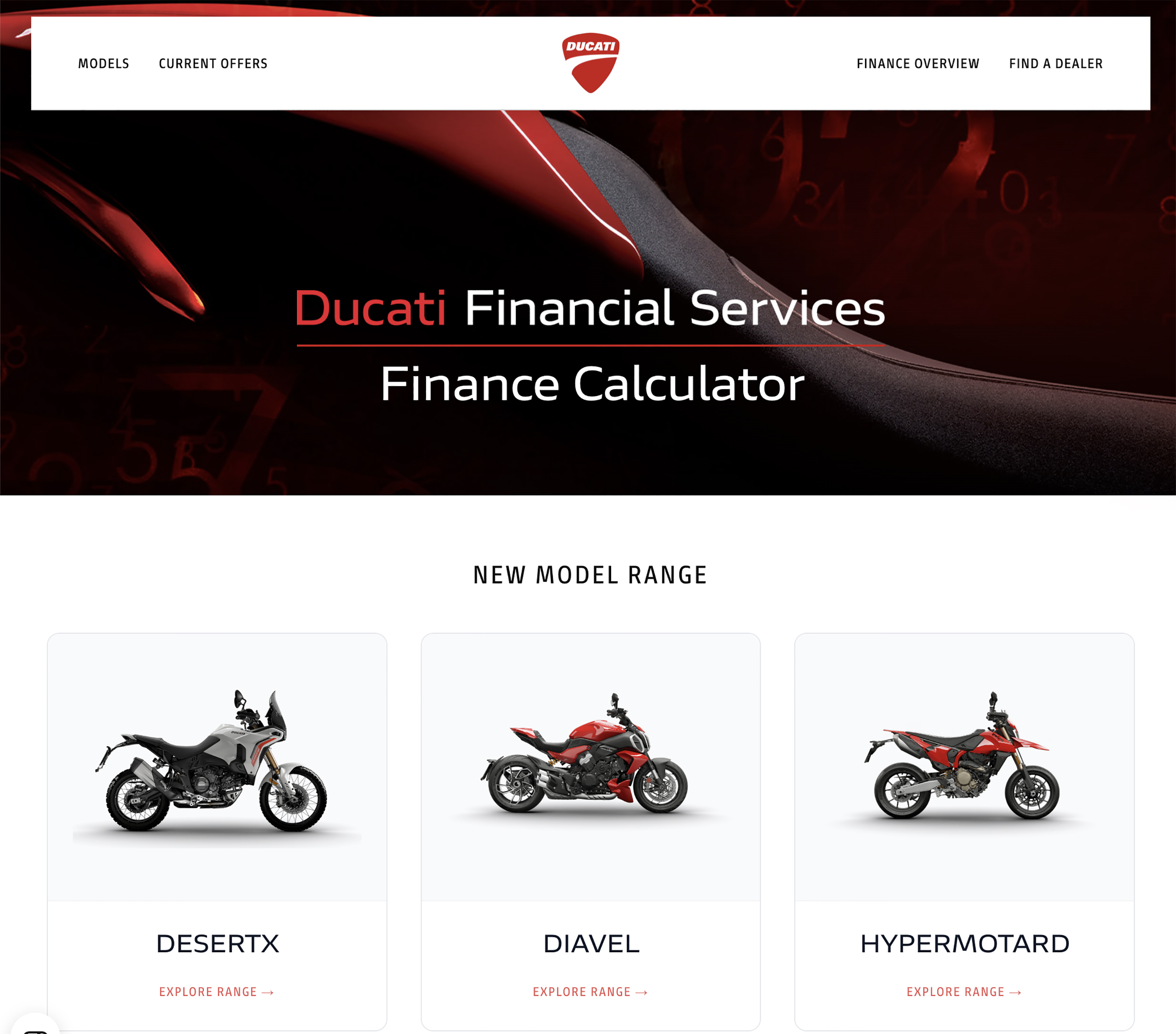Ducati Financial Services finance calculator showing model range