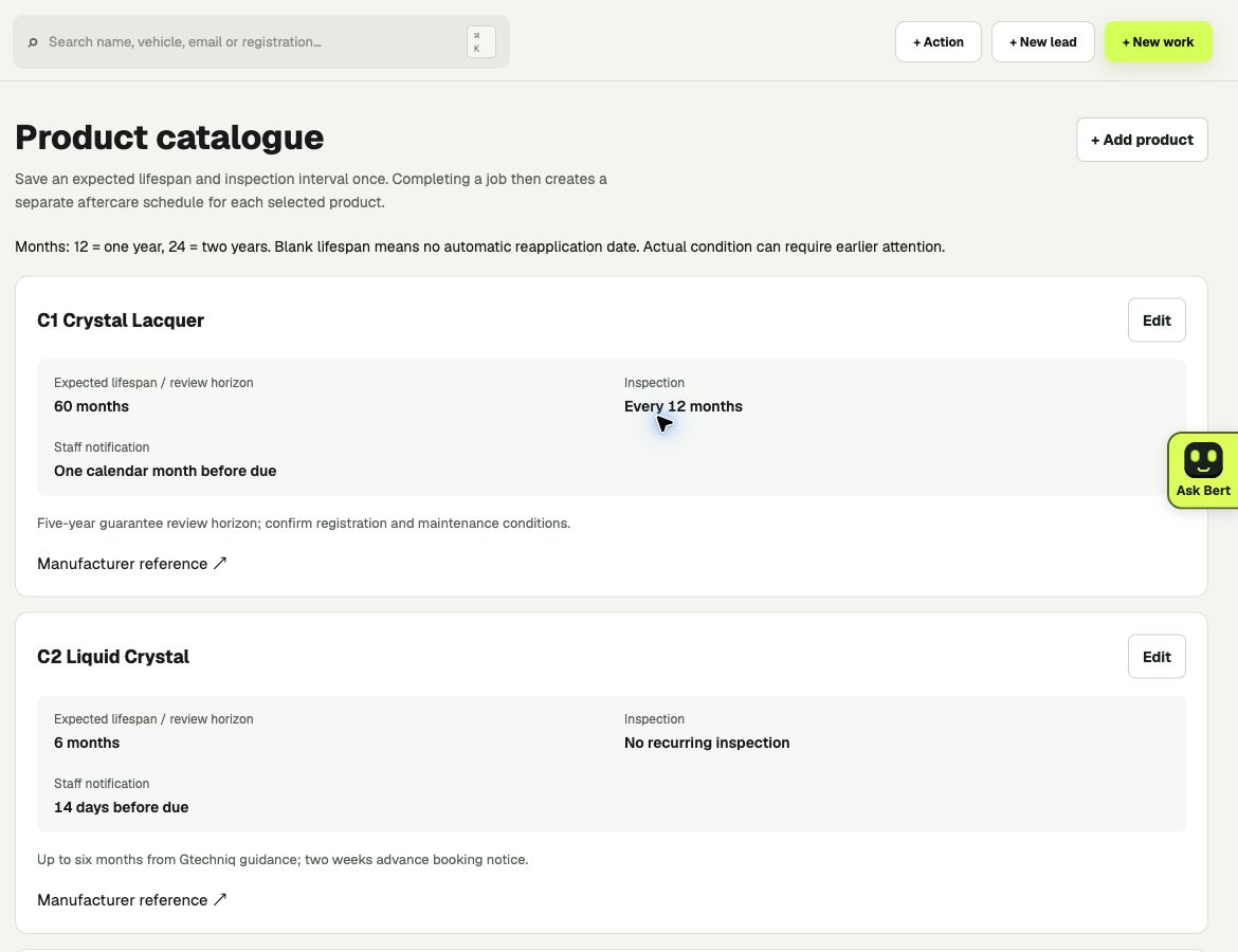 Surface Works CRM product catalogue on desktop, showing product lifespans, inspection intervals and notification settings