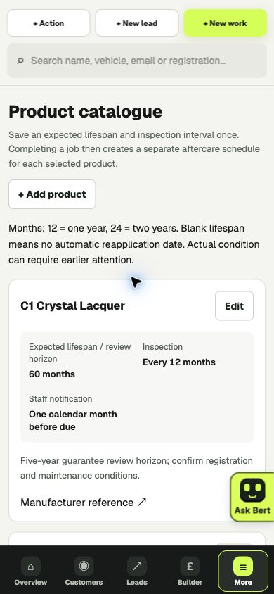 Surface Works CRM mobile product catalogue with quick actions and workshop navigation
